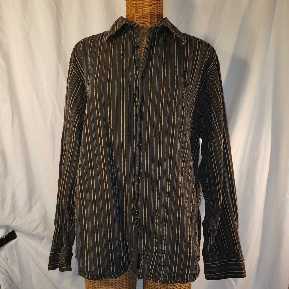 Cotton Reel Mens Long Sleeve Button Down Shirt Black Blue Brown Striped - XL